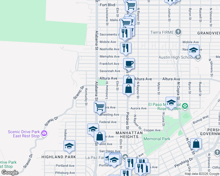 map of restaurants, bars, coffee shops, grocery stores, and more near 2708 Richmond Avenue in El Paso