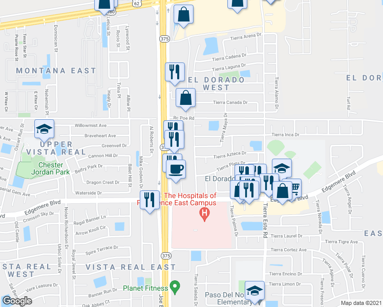 map of restaurants, bars, coffee shops, grocery stores, and more near 3605 Tierra Zafiro Drive in El Paso