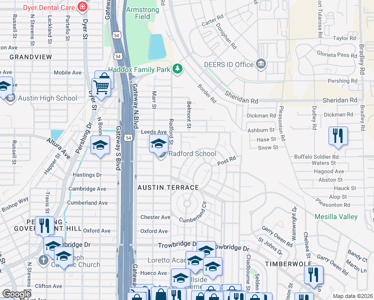 map of restaurants, bars, coffee shops, grocery stores, and more near 4629 King Arthur Court in El Paso
