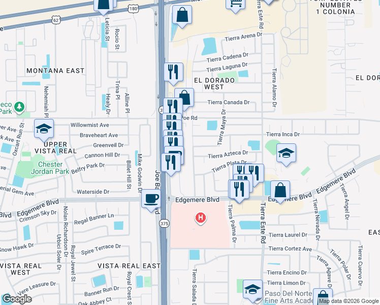 map of restaurants, bars, coffee shops, grocery stores, and more near 3605 Tierra Zafiro Drive in El Paso