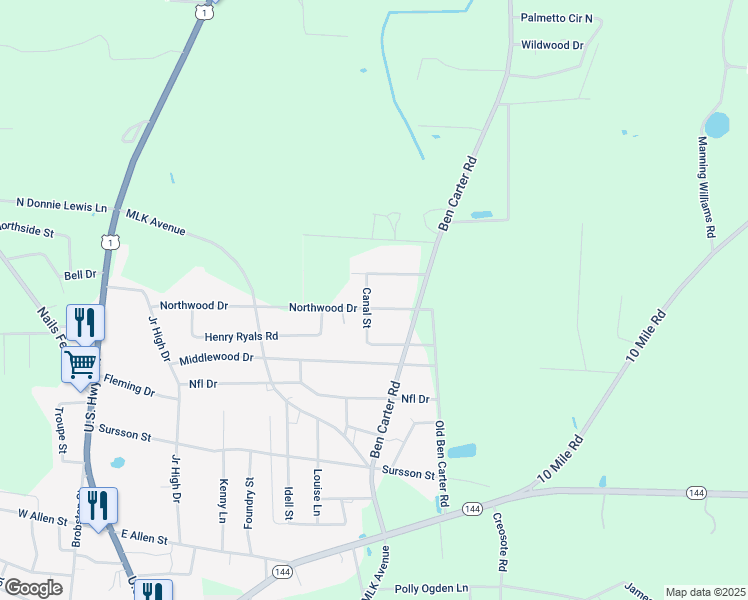 map of restaurants, bars, coffee shops, grocery stores, and more near 555 Northwood Drive in Baxley