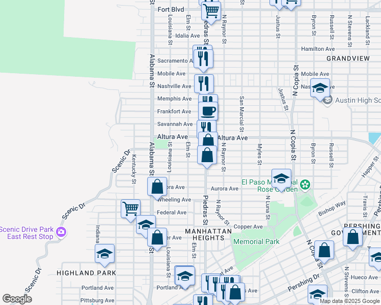 map of restaurants, bars, coffee shops, grocery stores, and more near 2800 Richmond Avenue in El Paso