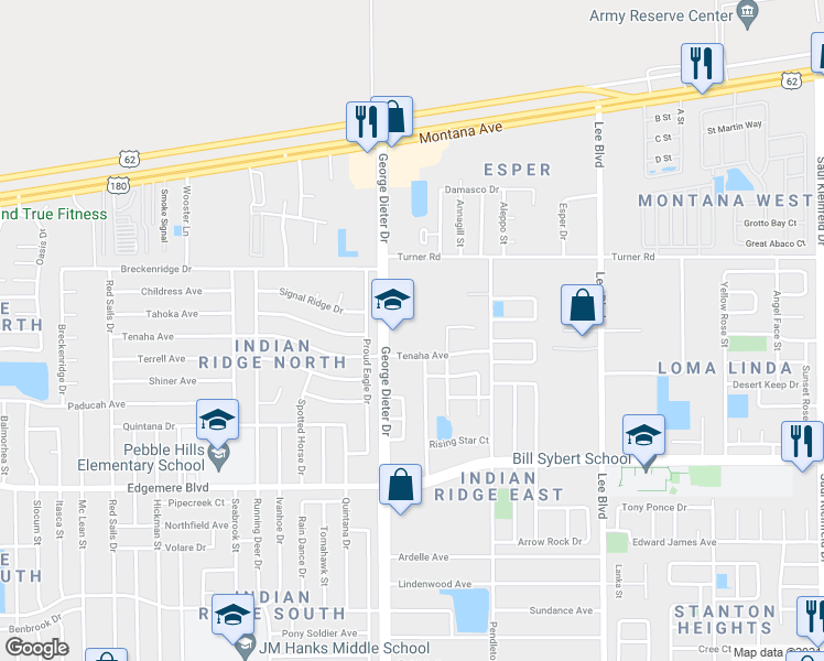 map of restaurants, bars, coffee shops, grocery stores, and more near 3510 George Dieter Dr in El Paso