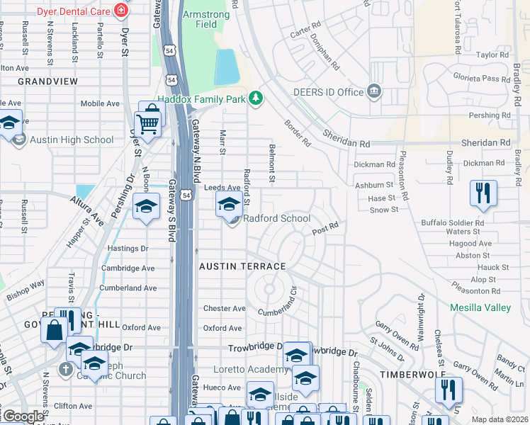 map of restaurants, bars, coffee shops, grocery stores, and more near 2138 Radford Street in El Paso