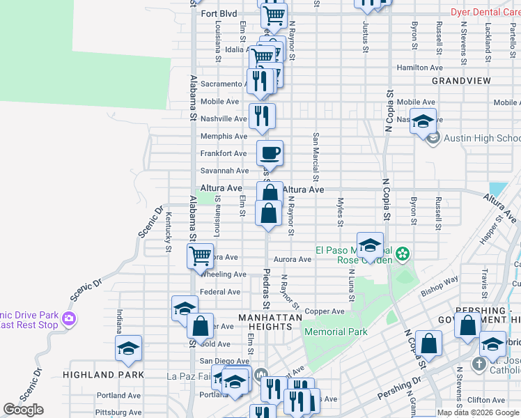map of restaurants, bars, coffee shops, grocery stores, and more near 2800 Richmond Avenue in El Paso