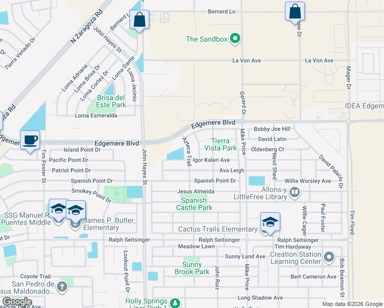 map of restaurants, bars, coffee shops, grocery stores, and more near 3277 Azteca Trail in El Paso