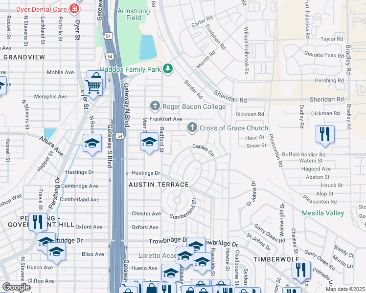 map of restaurants, bars, coffee shops, grocery stores, and more near 4629 King Arthur Court in El Paso