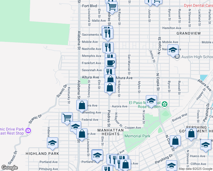 map of restaurants, bars, coffee shops, grocery stores, and more near 2800 Richmond Avenue in El Paso