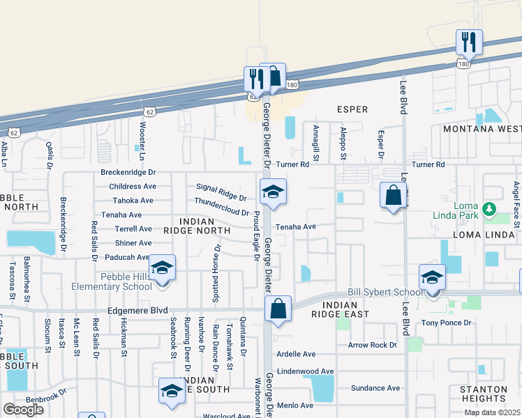 map of restaurants, bars, coffee shops, grocery stores, and more near 3510 George Dieter Drive in El Paso