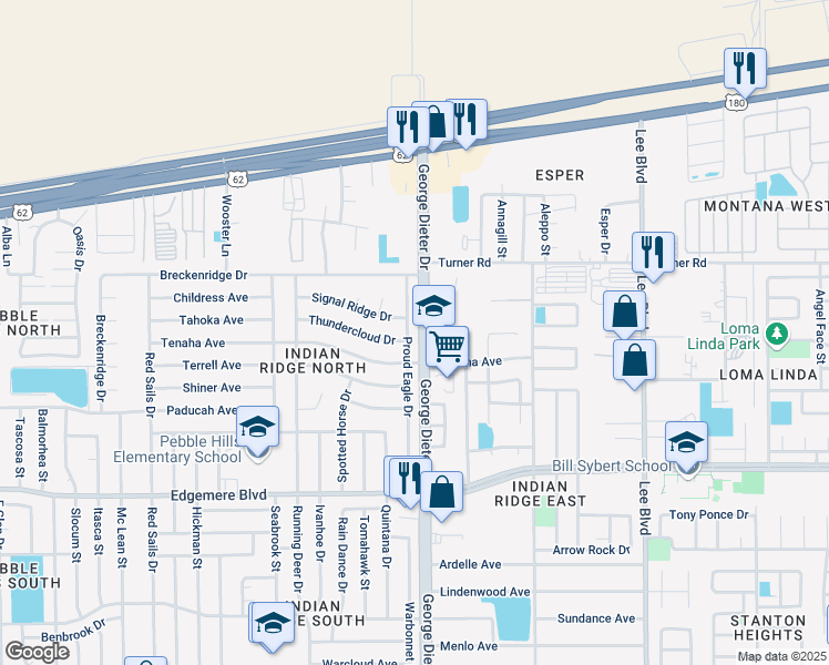 map of restaurants, bars, coffee shops, grocery stores, and more near 3510 George Dieter Drive in El Paso