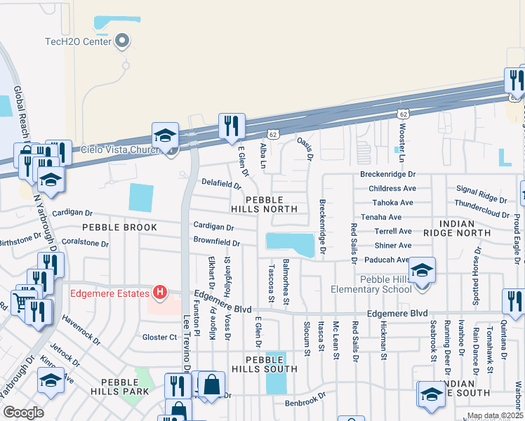 map of restaurants, bars, coffee shops, grocery stores, and more near 3512 East Glen Drive in El Paso