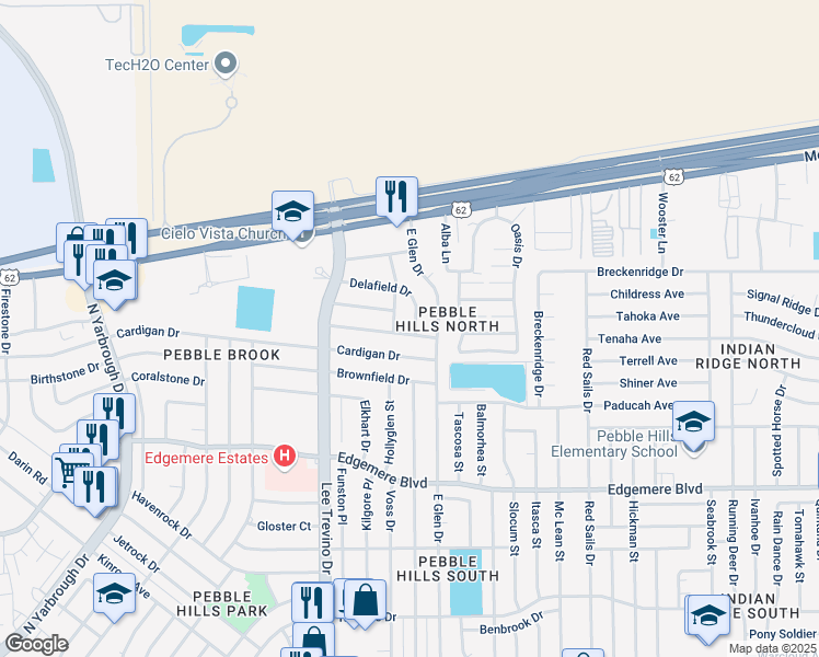 map of restaurants, bars, coffee shops, grocery stores, and more near 10948 Pelhem Road in El Paso