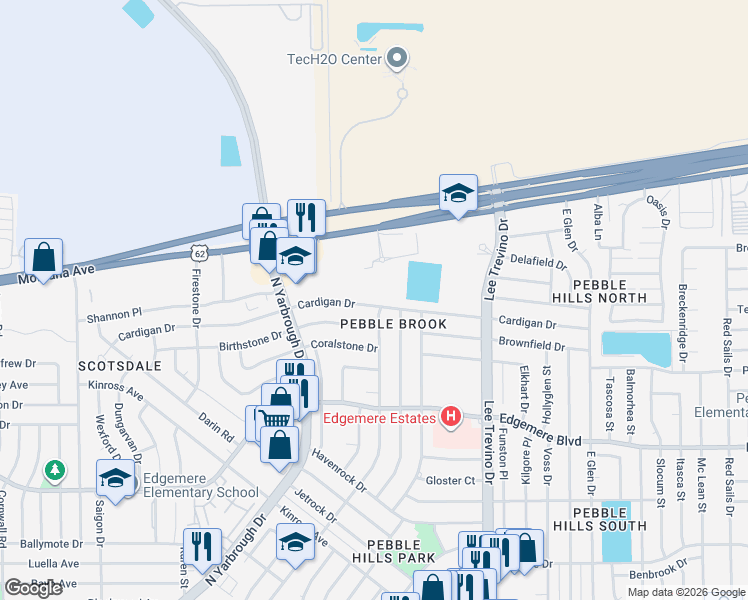 map of restaurants, bars, coffee shops, grocery stores, and more near 3468 Edgerock Drive in El Paso