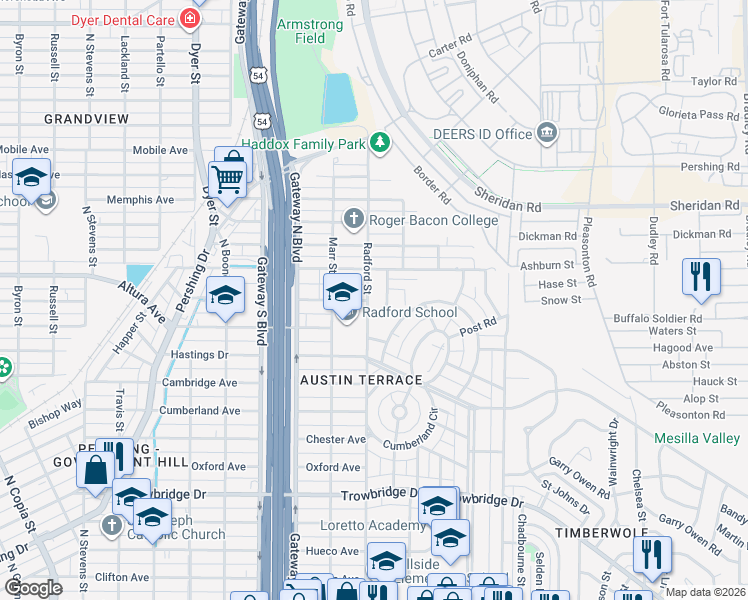 map of restaurants, bars, coffee shops, grocery stores, and more near 2138 Radford Street in El Paso