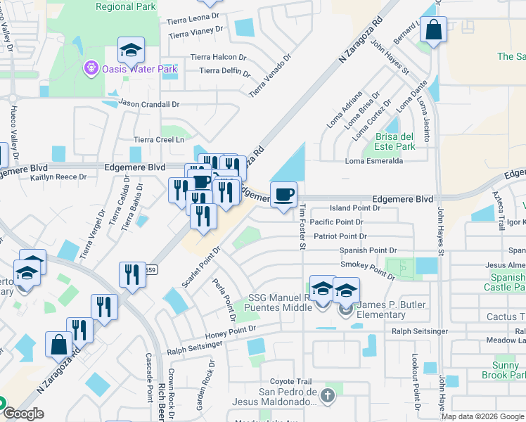 map of restaurants, bars, coffee shops, grocery stores, and more near 14209 Pacific Point Drive in El Paso