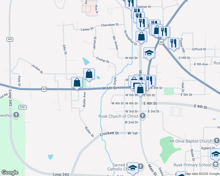 map of restaurants, bars, coffee shops, grocery stores, and more near West 6th Street in Rusk