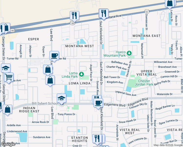 map of restaurants, bars, coffee shops, grocery stores, and more near 3501 Angel Face Street in El Paso