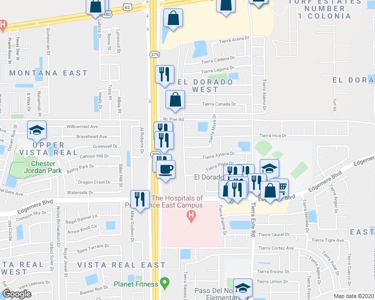 map of restaurants, bars, coffee shops, grocery stores, and more near 12224 Tierra Maya Drive in El Paso