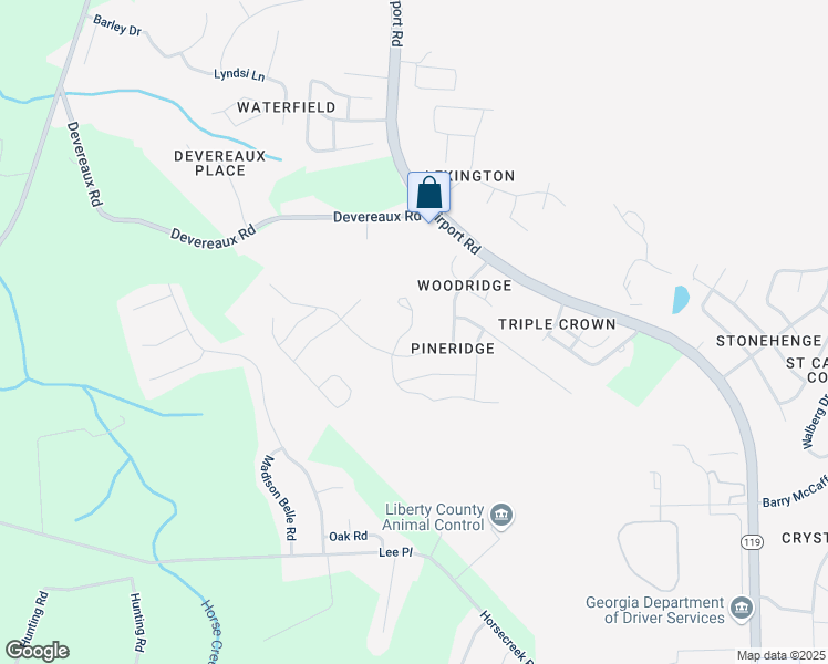 map of restaurants, bars, coffee shops, grocery stores, and more near 1275 Windrow Drive in Hinesville