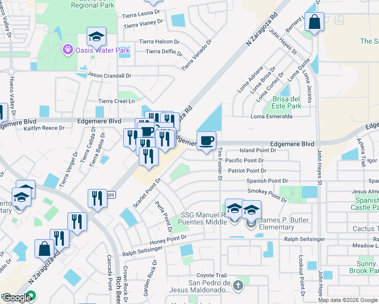 map of restaurants, bars, coffee shops, grocery stores, and more near 14204 Bailee Point Lane in El Paso