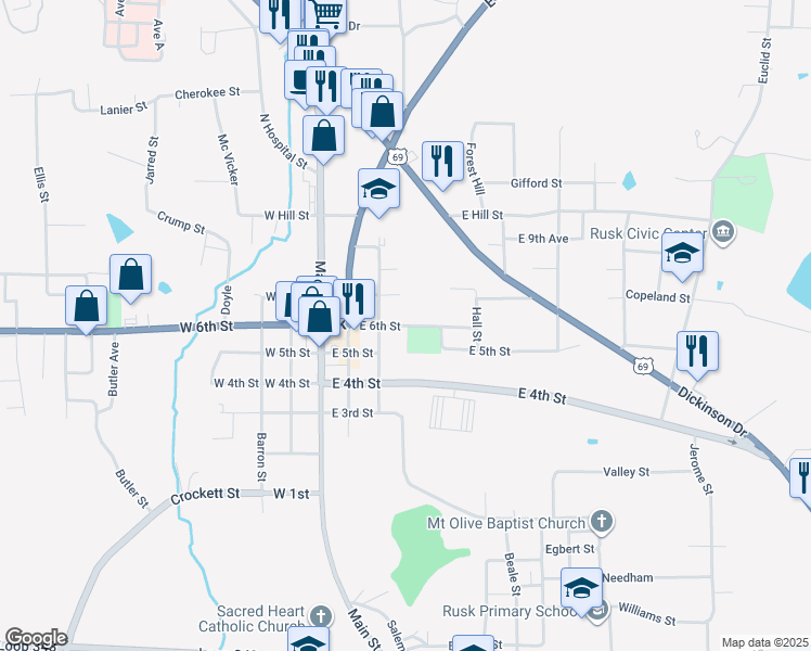 map of restaurants, bars, coffee shops, grocery stores, and more near 302 East 6th Street in Rusk