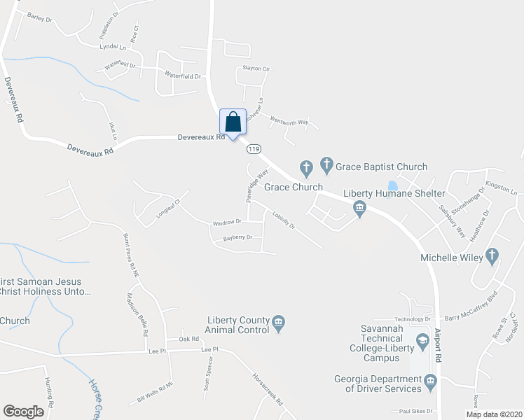 map of restaurants, bars, coffee shops, grocery stores, and more near 1351 Poplar Circle in Hinesville