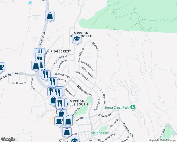 map of restaurants, bars, coffee shops, grocery stores, and more near 4010 Santa Ana Drive in El Paso
