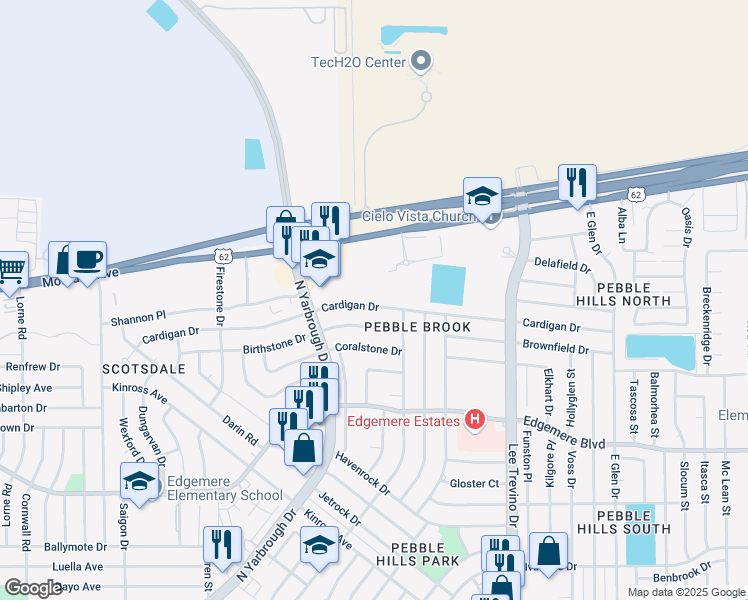 map of restaurants, bars, coffee shops, grocery stores, and more near 10677 Cardigan Drive in El Paso