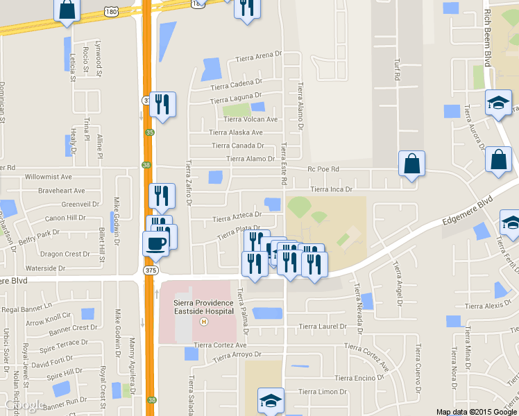 map of restaurants, bars, coffee shops, grocery stores, and more near 12324 Tierra Azteca Drive in El Paso