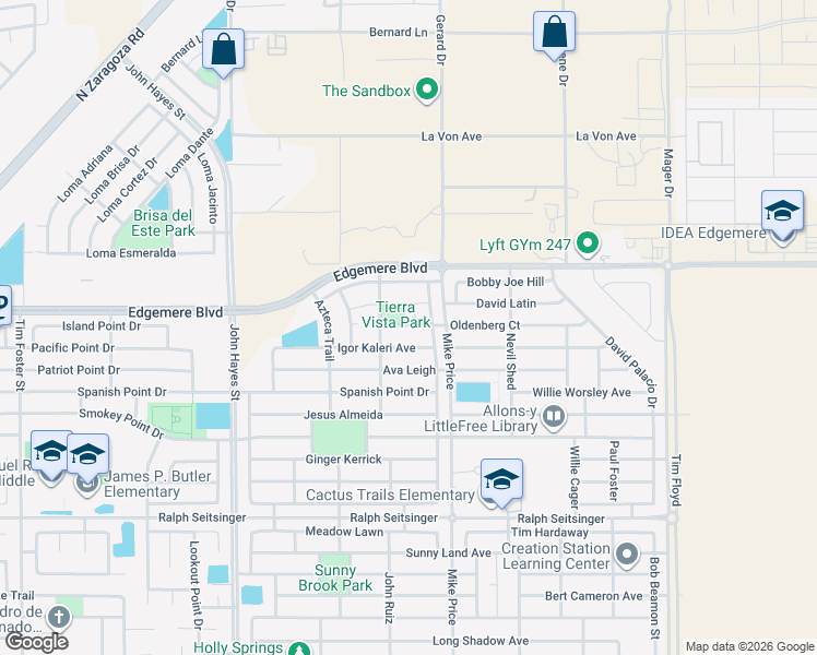 map of restaurants, bars, coffee shops, grocery stores, and more near 3279 Belgian Trail in El Paso