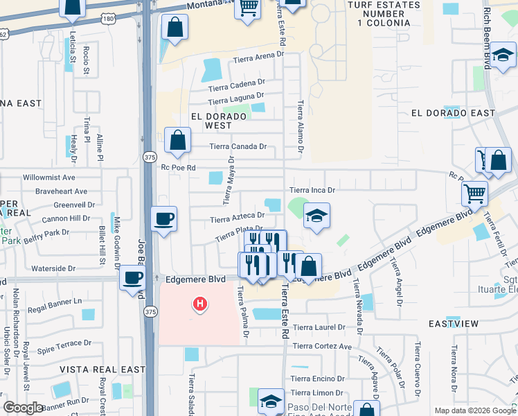 map of restaurants, bars, coffee shops, grocery stores, and more near 12324 Tierra Azteca Drive in El Paso