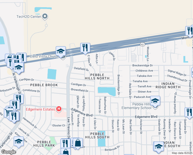 map of restaurants, bars, coffee shops, grocery stores, and more near 3512 East Glen Drive in El Paso