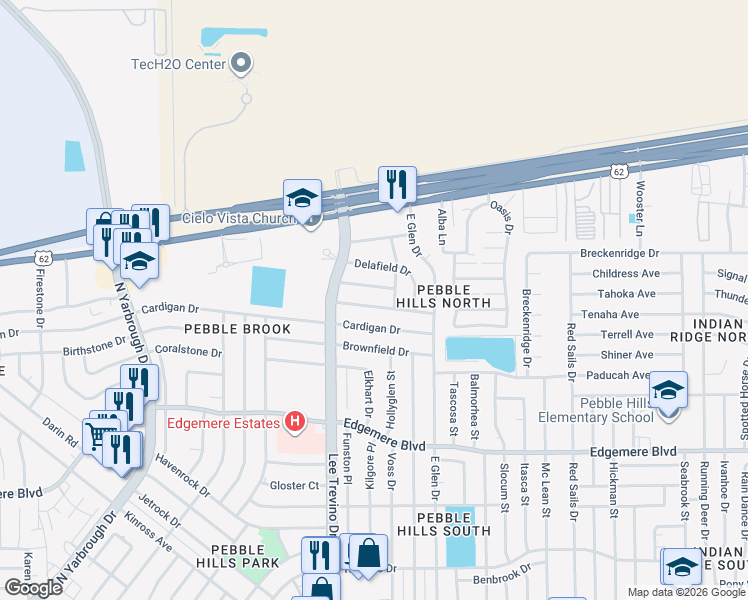 map of restaurants, bars, coffee shops, grocery stores, and more near 10927 Pelhem Road in El Paso
