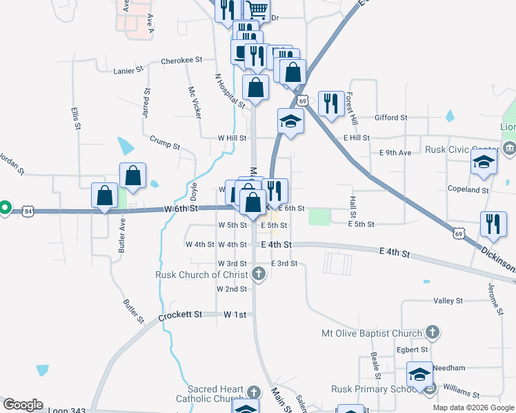 map of restaurants, bars, coffee shops, grocery stores, and more near in Rusk