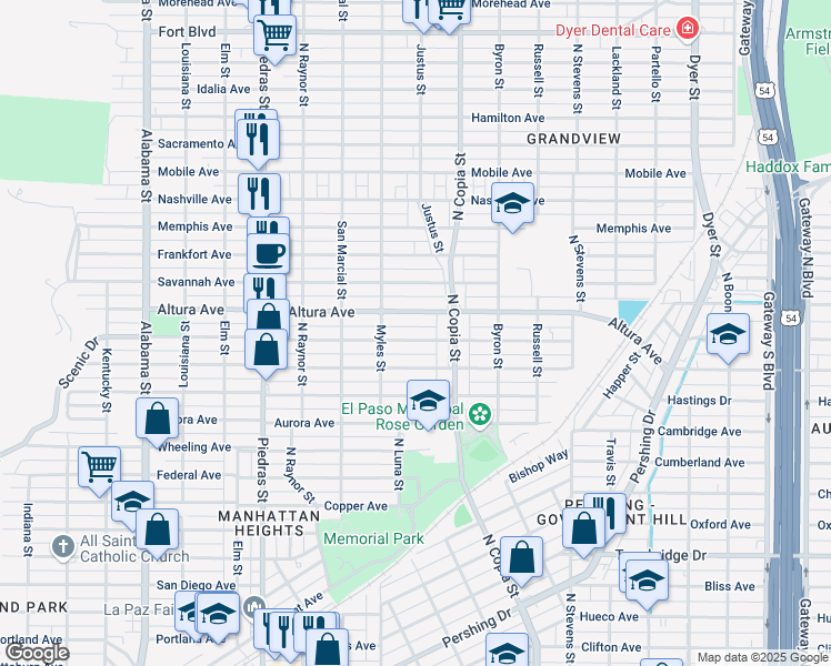 map of restaurants, bars, coffee shops, grocery stores, and more near 3231 Richmond Avenue in El Paso