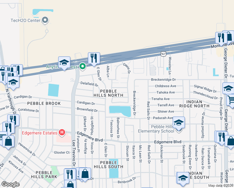 map of restaurants, bars, coffee shops, grocery stores, and more near 11024 Aqua Court in El Paso