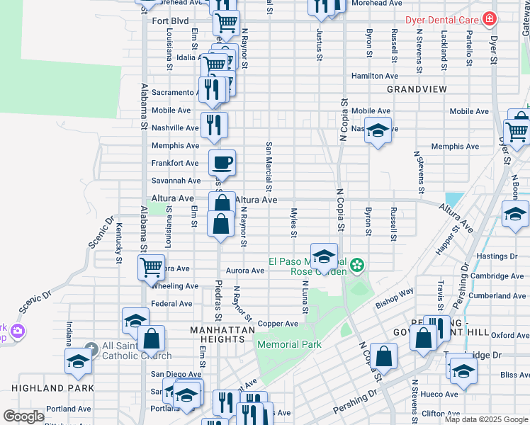 map of restaurants, bars, coffee shops, grocery stores, and more near 3027 Richmond Avenue in El Paso