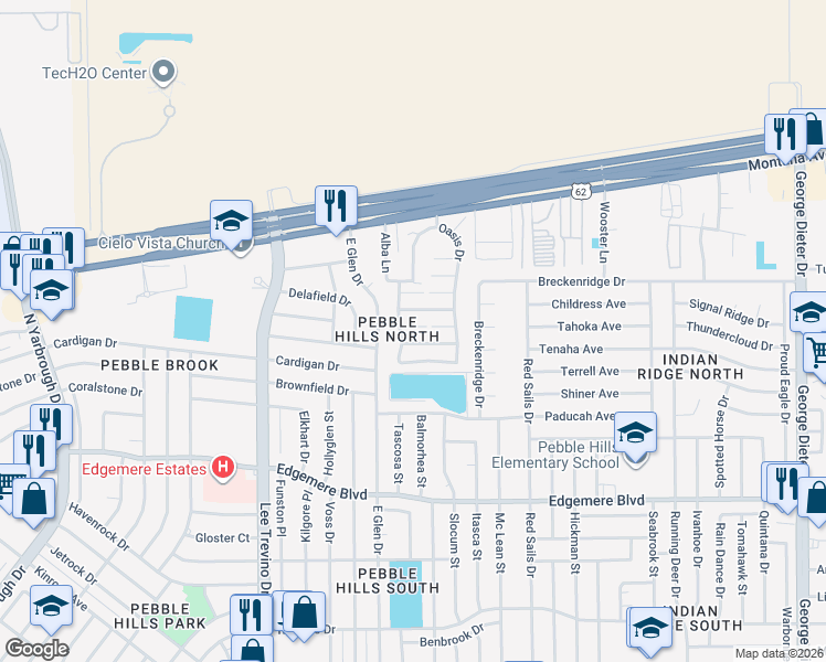 map of restaurants, bars, coffee shops, grocery stores, and more near 11020 Aqua Court in El Paso