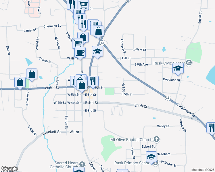 map of restaurants, bars, coffee shops, grocery stores, and more near 302-398 East 6th Street in Rusk