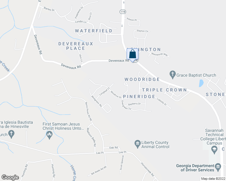 map of restaurants, bars, coffee shops, grocery stores, and more near 1291 Windrow Drive in Hinesville