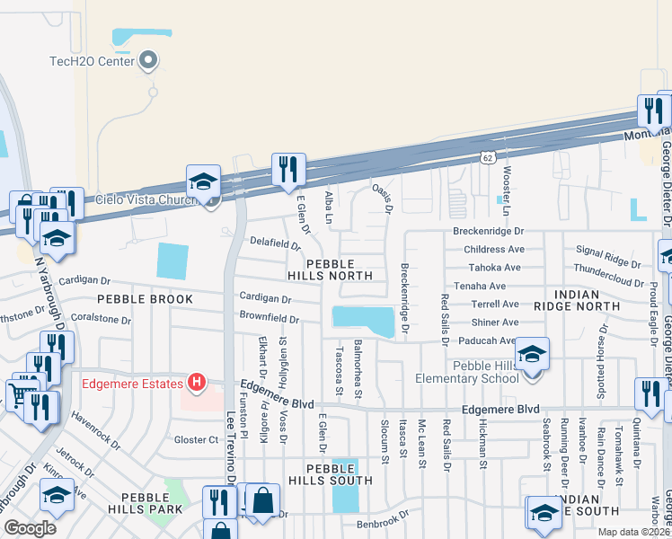 map of restaurants, bars, coffee shops, grocery stores, and more near 3533 Oasis Drive in El Paso