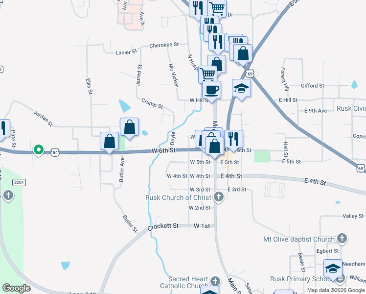 map of restaurants, bars, coffee shops, grocery stores, and more near 286 West 5th Street in Rusk