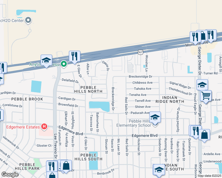 map of restaurants, bars, coffee shops, grocery stores, and more near 3514 Oasis Drive in El Paso