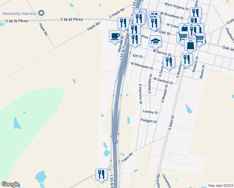 map of restaurants, bars, coffee shops, grocery stores, and more near Interstate 35 in West