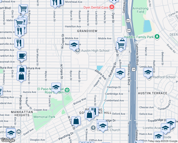 map of restaurants, bars, coffee shops, grocery stores, and more near 2116 North Stevens Street in El Paso