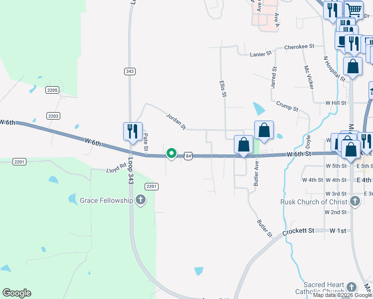 map of restaurants, bars, coffee shops, grocery stores, and more near 965 West 6th Street in Rusk