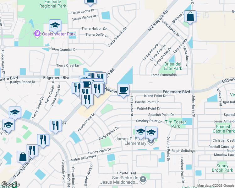 map of restaurants, bars, coffee shops, grocery stores, and more near 14221 Bailee Point Lane in El Paso
