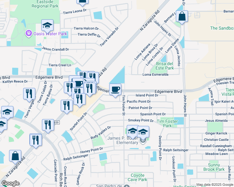 map of restaurants, bars, coffee shops, grocery stores, and more near 14245 Bailee Point Lane in El Paso