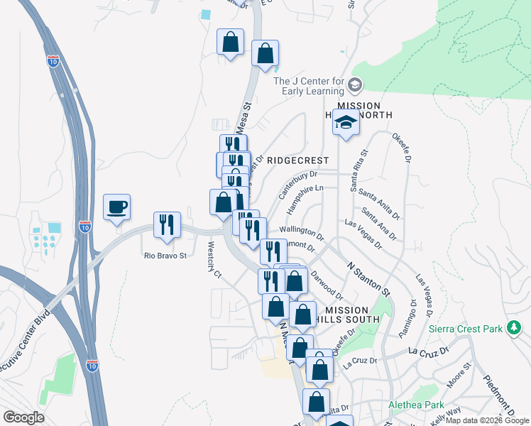 map of restaurants, bars, coffee shops, grocery stores, and more near 4208 Park Hill Drive in El Paso