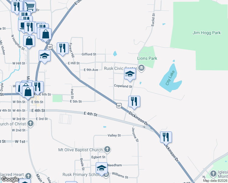 map of restaurants, bars, coffee shops, grocery stores, and more near 401 Copeland Street in Rusk